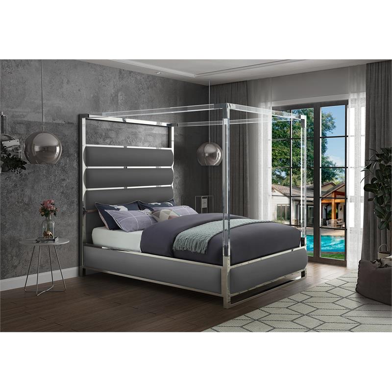 Meridian Furniture Encore Solid Wood and Vegan Leather Queen Bed in Gray
