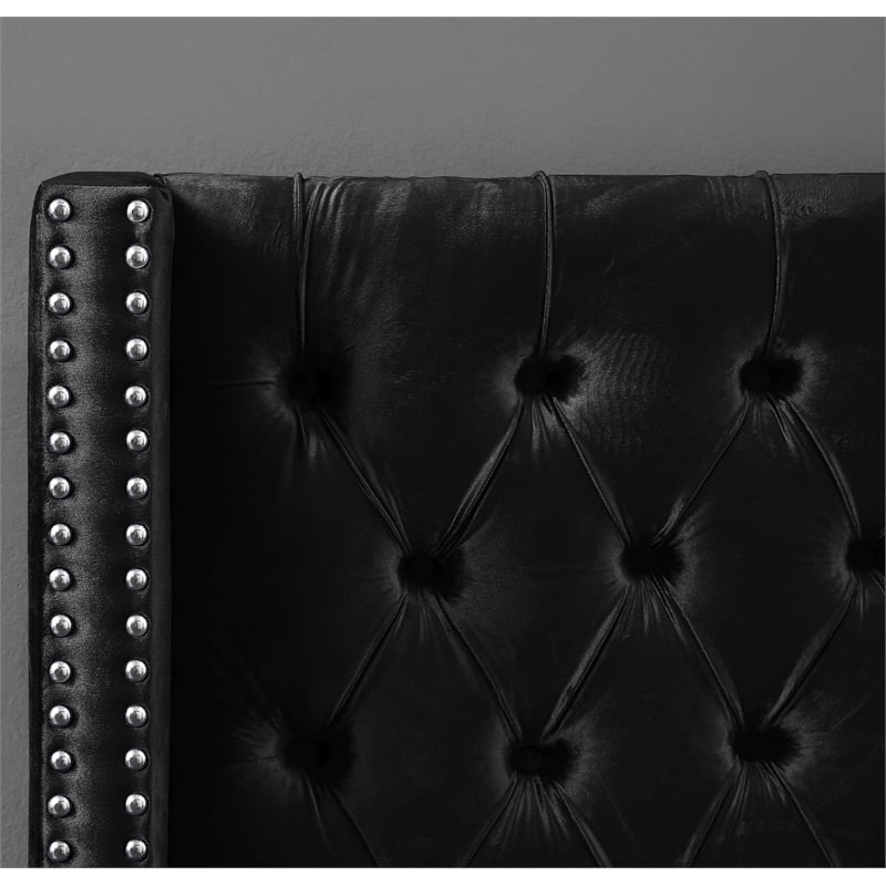 Meridian Furniture Aiden Solid Wood Tufted Velvet Wing Back Full Bed in Black