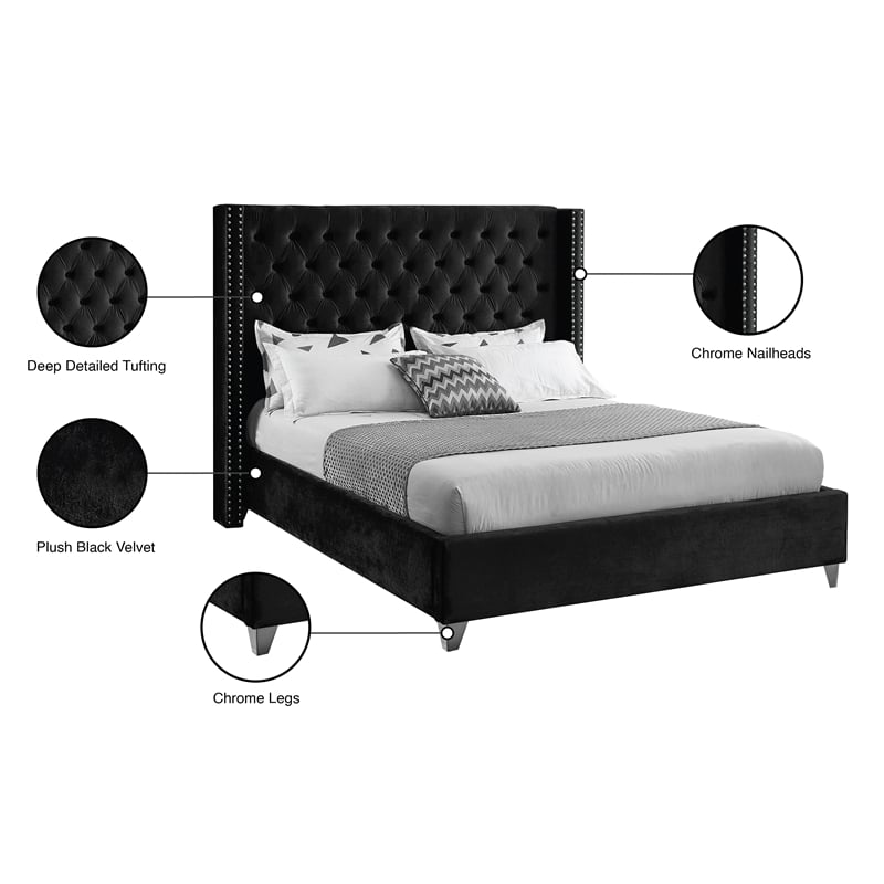 Meridian Furniture Aiden Solid Wood Tufted Velvet Wing Back Full Bed in Black