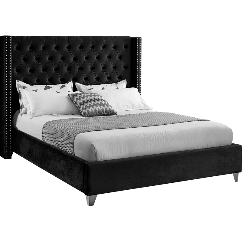 Meridian Furniture Aiden Solid Wood, Black Velvet Sleigh Bed Queen