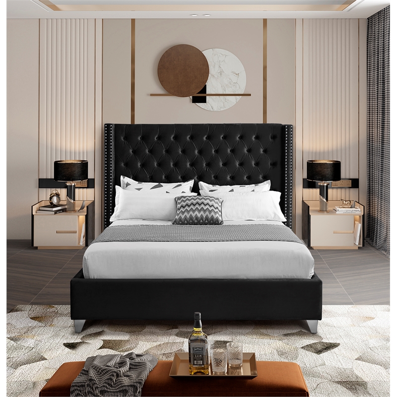 Meridian Furniture Aiden Solid Wood Tufted Velvet Wing Back Queen Bed In Black Cymax Business 