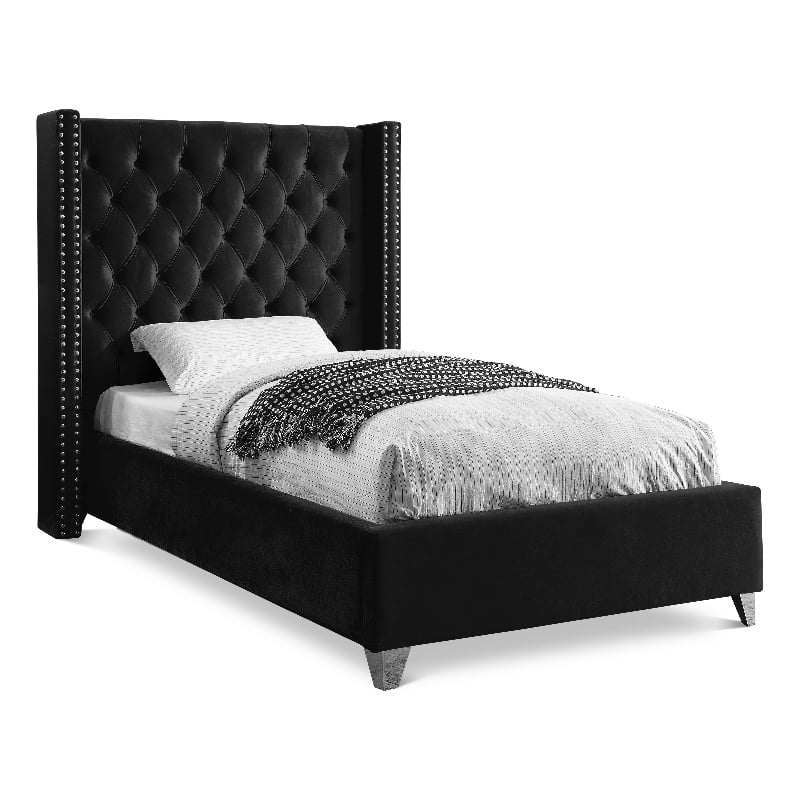 Meridian Furniture Aiden Solid Wood Tufted Velvet Wing Back Twin Bed in Black