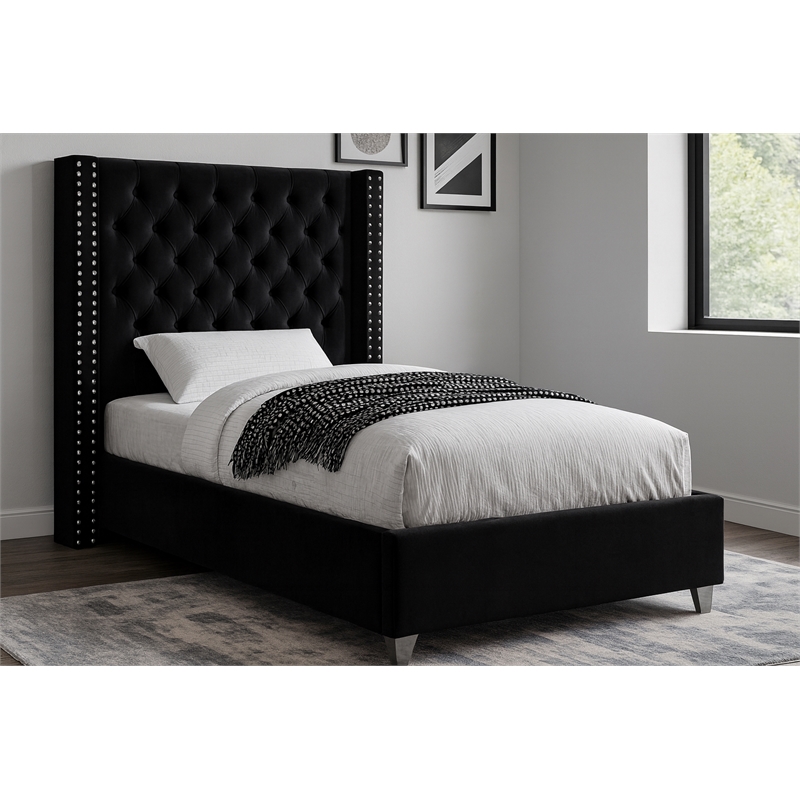 Meridian Furniture Aiden Solid Wood Tufted Velvet Wing Back Twin Bed in Black