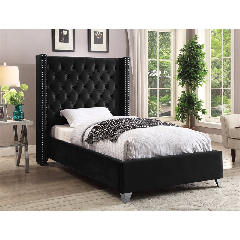 Meridian Furniture Aiden Solid Wood Tufted Velvet Wing Back Twin Bed In 