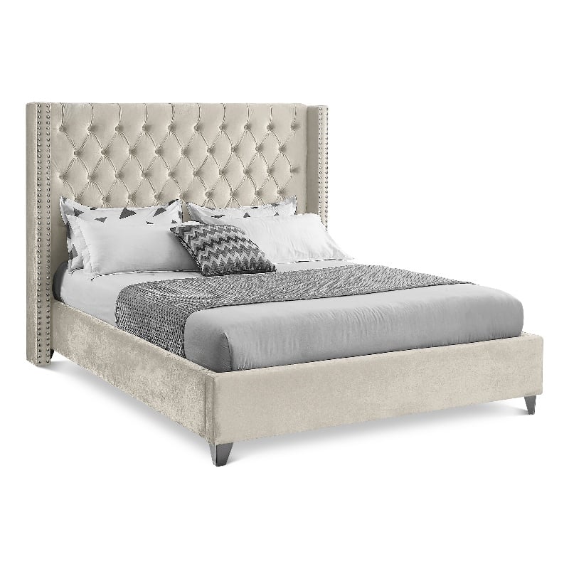 Meridian Furniture Aiden Solid Wood Tufted Velvet Wing Back Full Bed in Cream