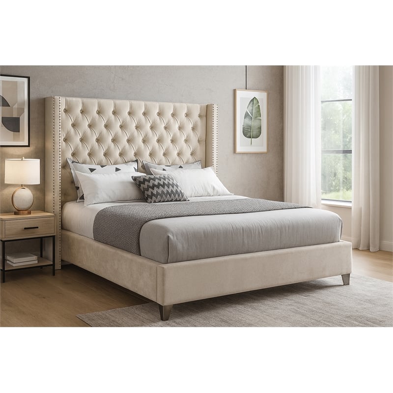 Meridian Furniture Aiden Solid Wood Tufted Velvet Wing Back Full Bed in Cream