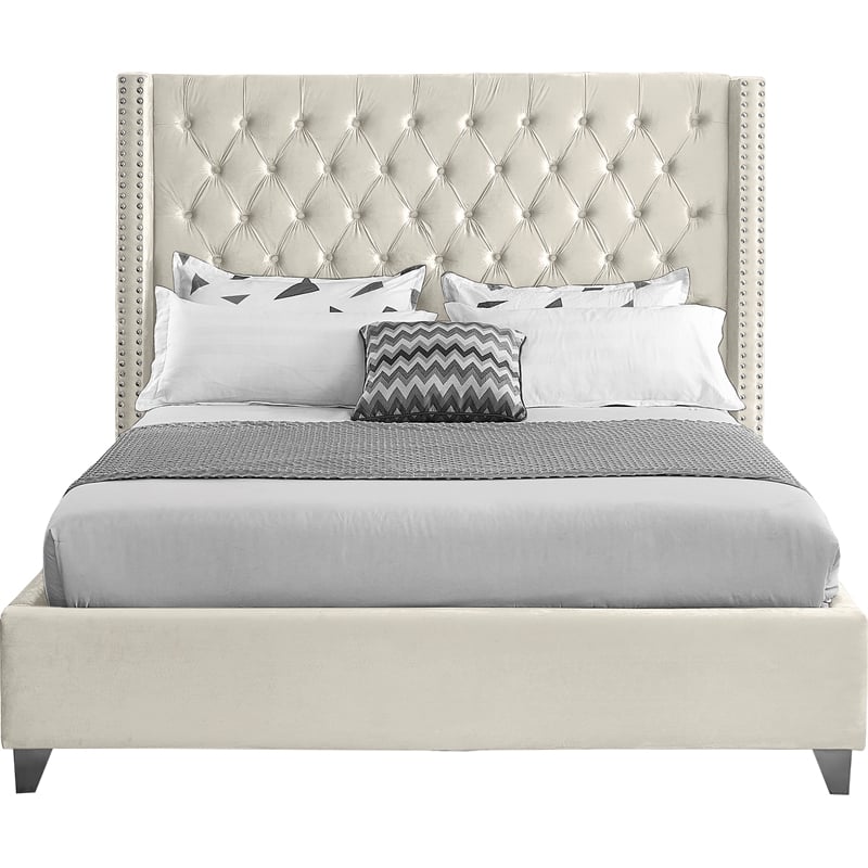 Meridian Furniture Aiden Solid Wood Tufted Velvet Wing Back Full Bed in Cream