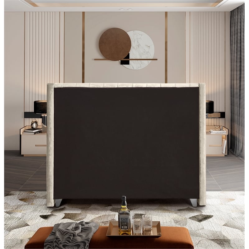 Meridian Furniture Aiden Solid Wood Tufted Velvet Wing Back Full Bed in Cream