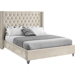 meridian furniture aiden solid wood tufted velvet wing back bed in cream