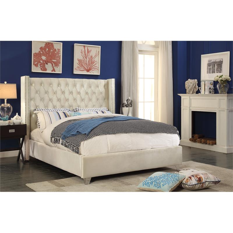 Meridian Furniture Aiden Solid Wood Tufted Velvet Wing Back Queen Bed In Cream Aidencream Q 