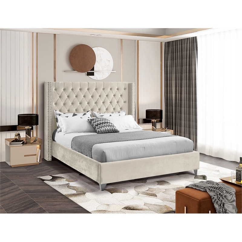 Meridian Furniture Aiden Solid Wood Tufted Velvet Wing Back Queen Bed in Cream