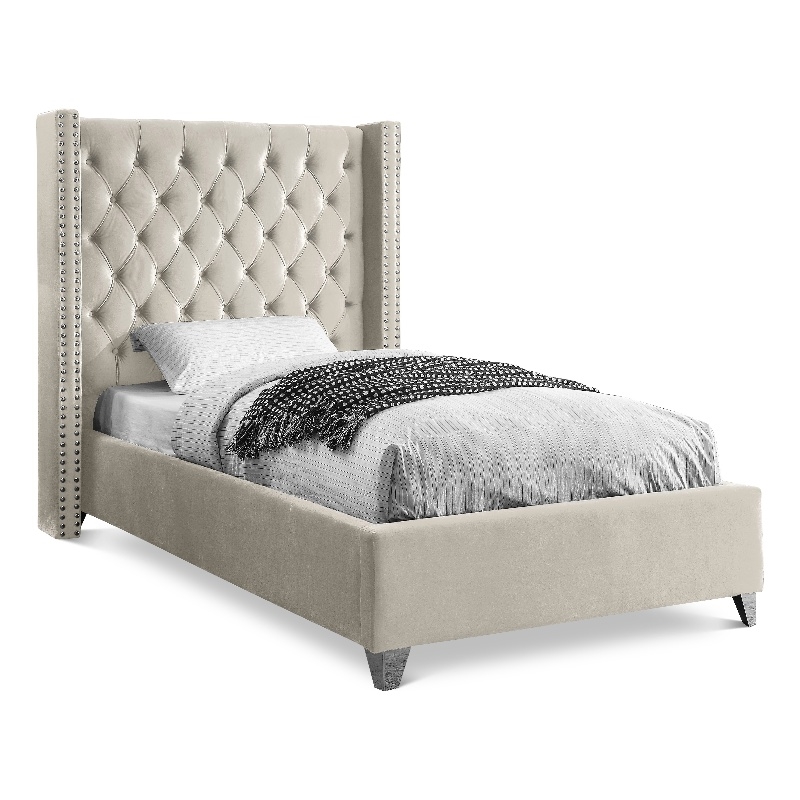 Meridian Furniture Aiden Solid Wood Tufted Velvet Wing Back Twin Bed in Cream