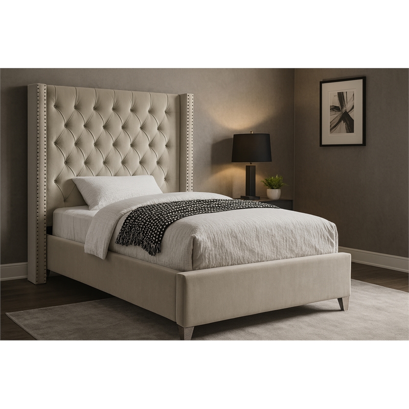 Meridian Furniture Aiden Solid Wood Tufted Velvet Wing Back Twin Bed in Cream