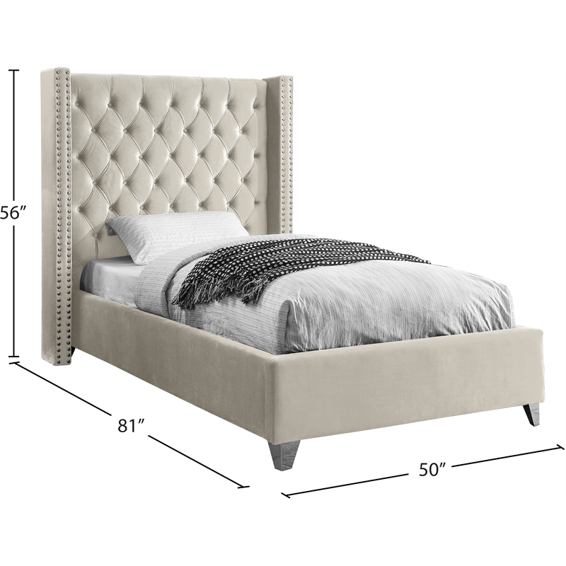 Meridian Furniture Aiden Solid Wood Tufted Velvet Wing Back Twin Bed in Cream