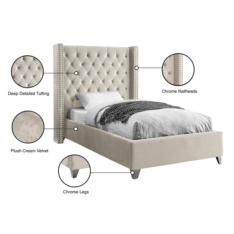 Meridian Furniture Aiden Solid Wood Tufted Velvet Wing Back Twin Bed in Cream