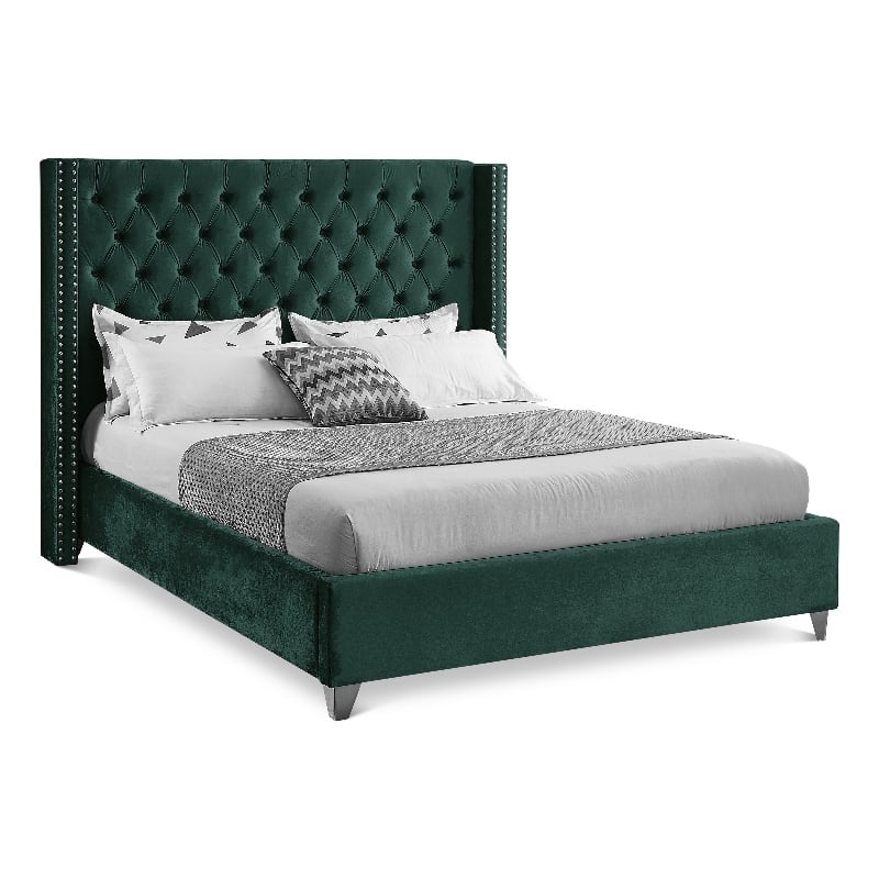 Meridian Furniture Aiden Solid Wood Tufted Velvet Wing Back Full Bed in Green
