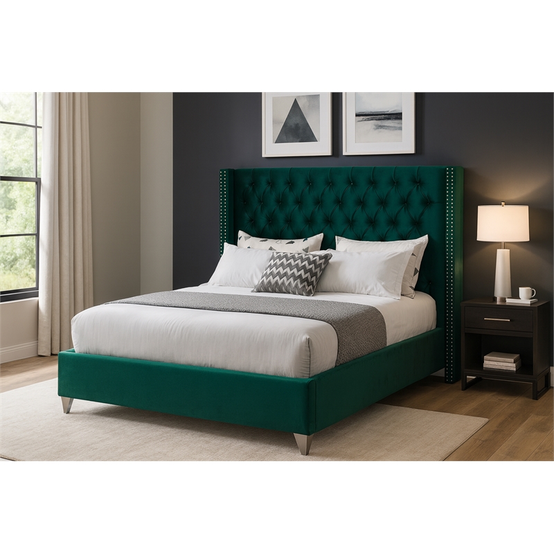 Meridian Furniture Aiden Solid Wood Tufted Velvet Wing Back Full Bed in Green