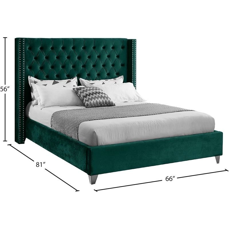 Meridian Furniture Aiden Solid Wood Tufted Velvet Wing Back Full Bed in Green