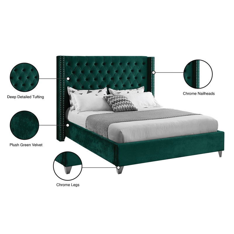 Meridian Furniture Aiden Solid Wood Tufted Velvet Wing Back Full Bed in Green