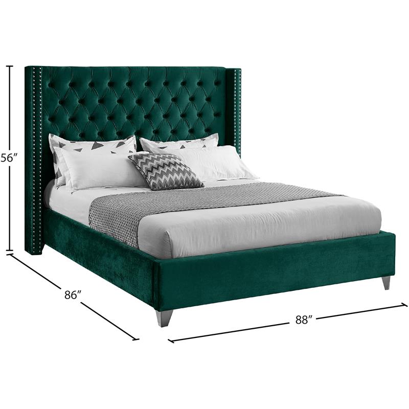 Meridian Furniture Aiden Solid Wood Tufted Velvet Wing Back King Bed in Green