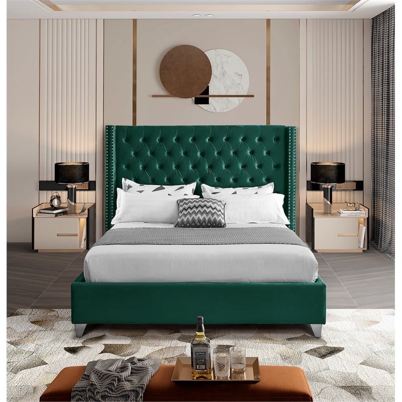 Meridian Furniture Aiden Solid Wood Tufted Velvet Wing Back King Bed in Green