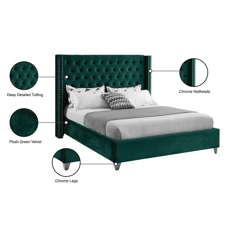 Meridian Furniture Aiden Solid Wood Tufted Velvet Wing Back King Bed in Green