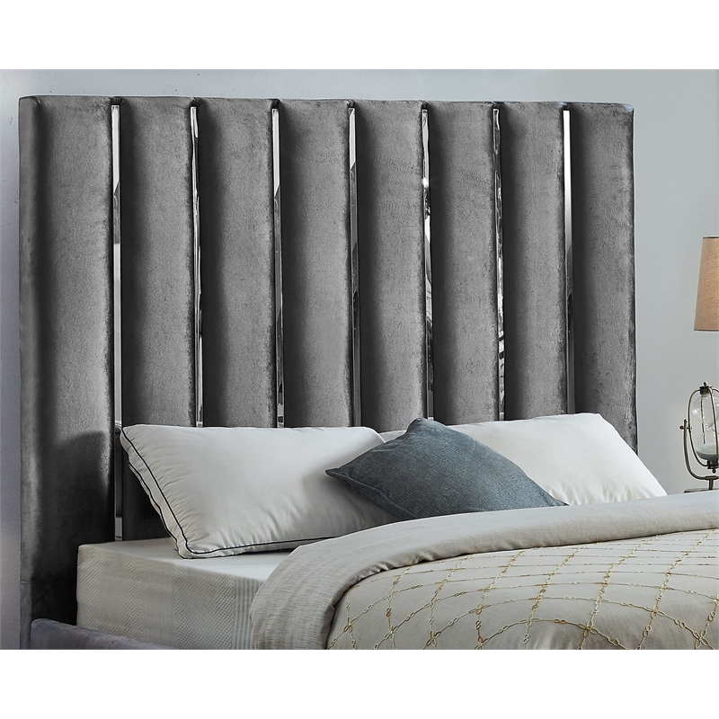 Meridian Furniture Enzo Solid Wood and Velvet Full Bed in Gray