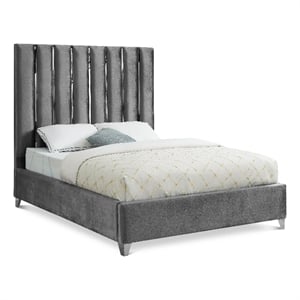 Meridian Furniture Enzo Solid Wood and Velvet Full Bed in Gray