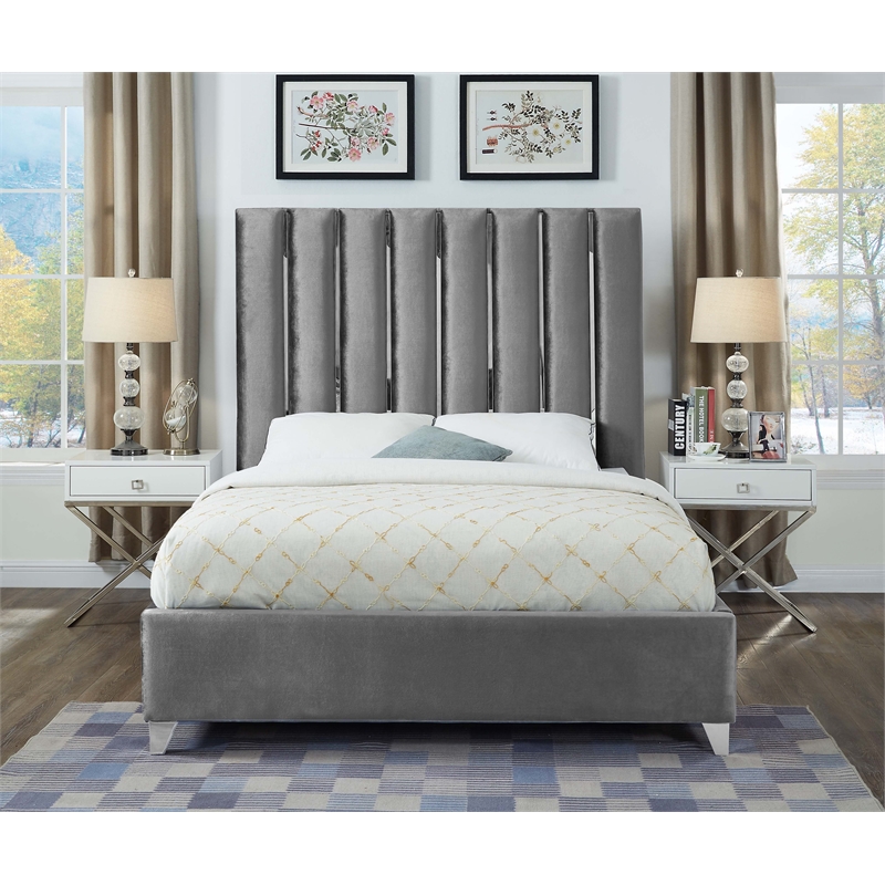 Meridian Furniture Enzo Solid Wood and Velvet Queen Bed in Gray