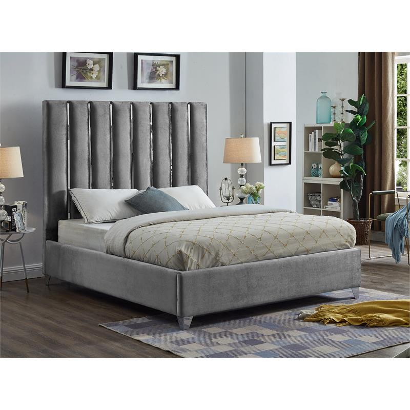Meridian Furniture Enzo Solid Wood and Velvet Queen Bed in Gray