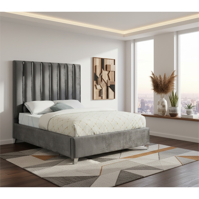 Meridian Furniture Enzo Solid Wood and Velvet Queen Bed in Gray