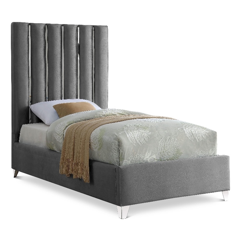 Meridian Furniture Enzo Solid Wood and Velvet Twin Bed in Gray