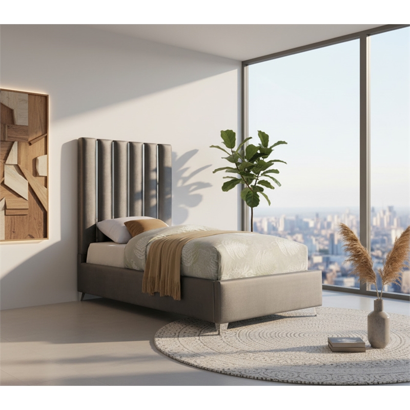 Meridian Furniture Enzo Solid Wood and Velvet Twin Bed in Gray