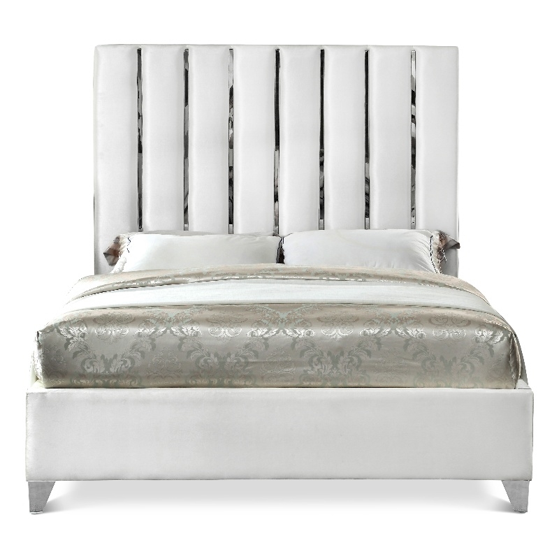 Meridian Furniture Enzo Solid Wood and Velvet Full Bed in White