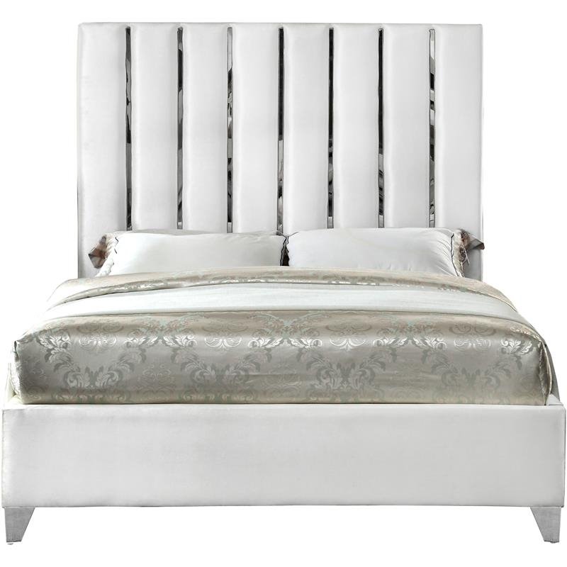 Meridian Furniture Enzo Solid Wood and Velvet Full Bed in White