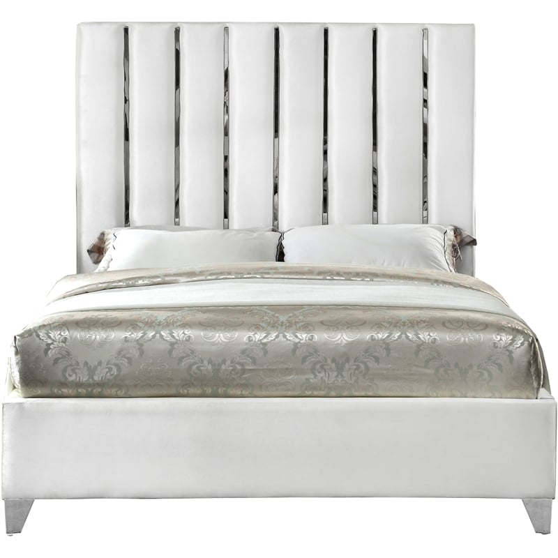 Meridian Furniture Enzo Solid Wood and Velvet King Bed in White