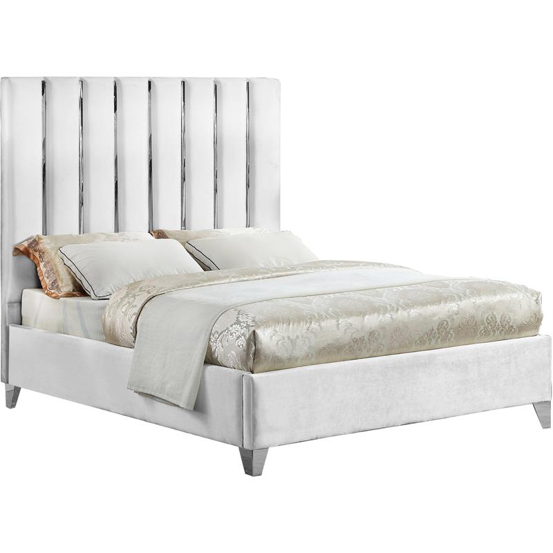 Meridian Furniture Enzo Solid Wood and Velvet Queen Bed in White
