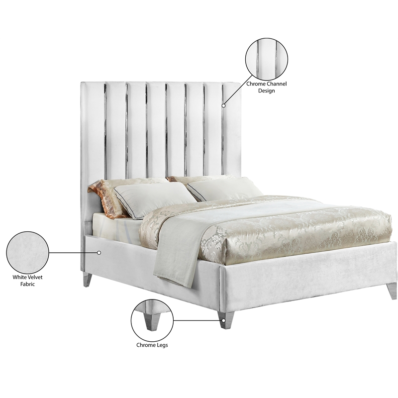 Meridian Furniture Enzo Solid Wood and Velvet Queen Bed in White
