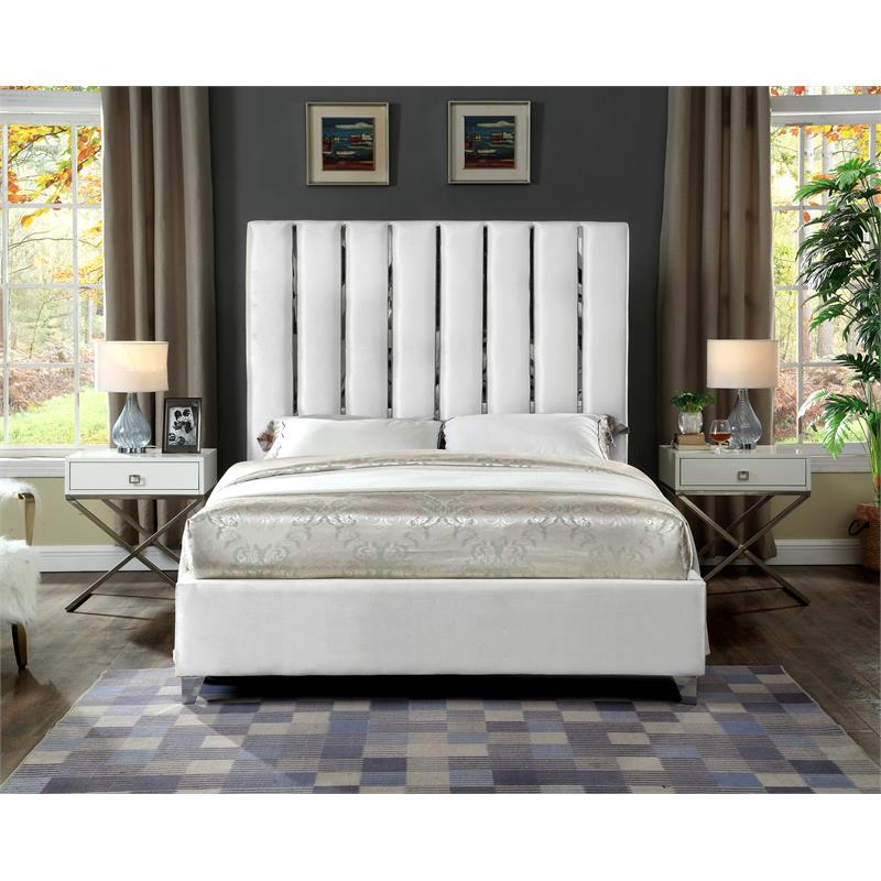 Meridian Furniture Enzo Solid Wood and Velvet Queen Bed in White