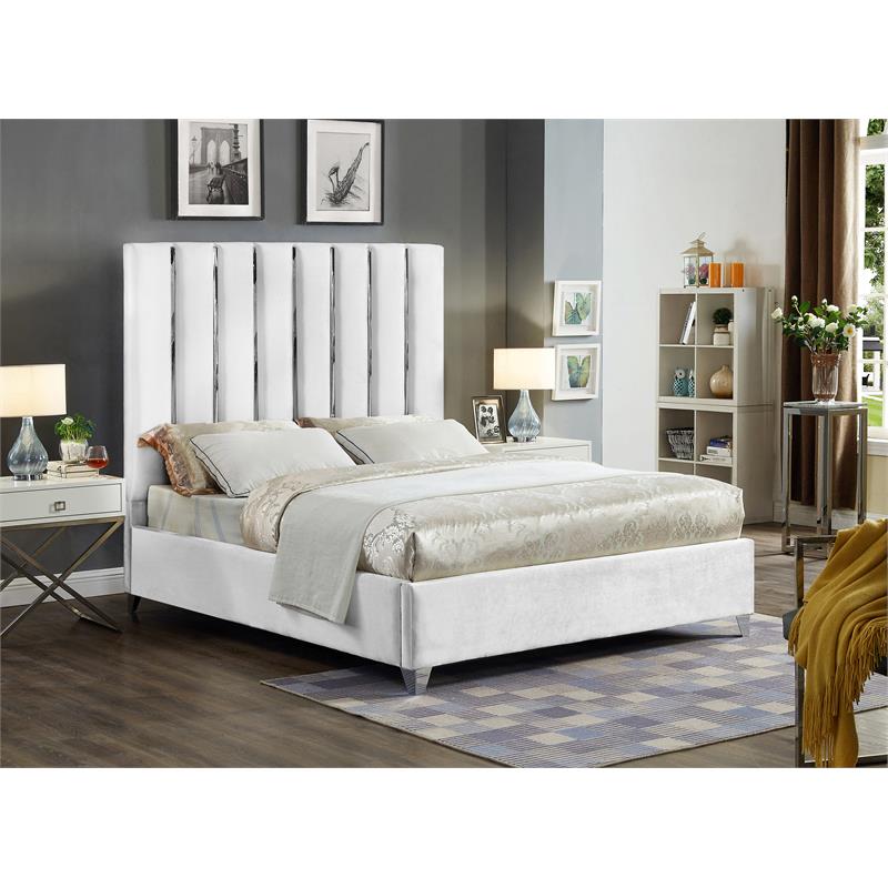 Meridian Furniture Enzo Solid Wood and Velvet Queen Bed in White
