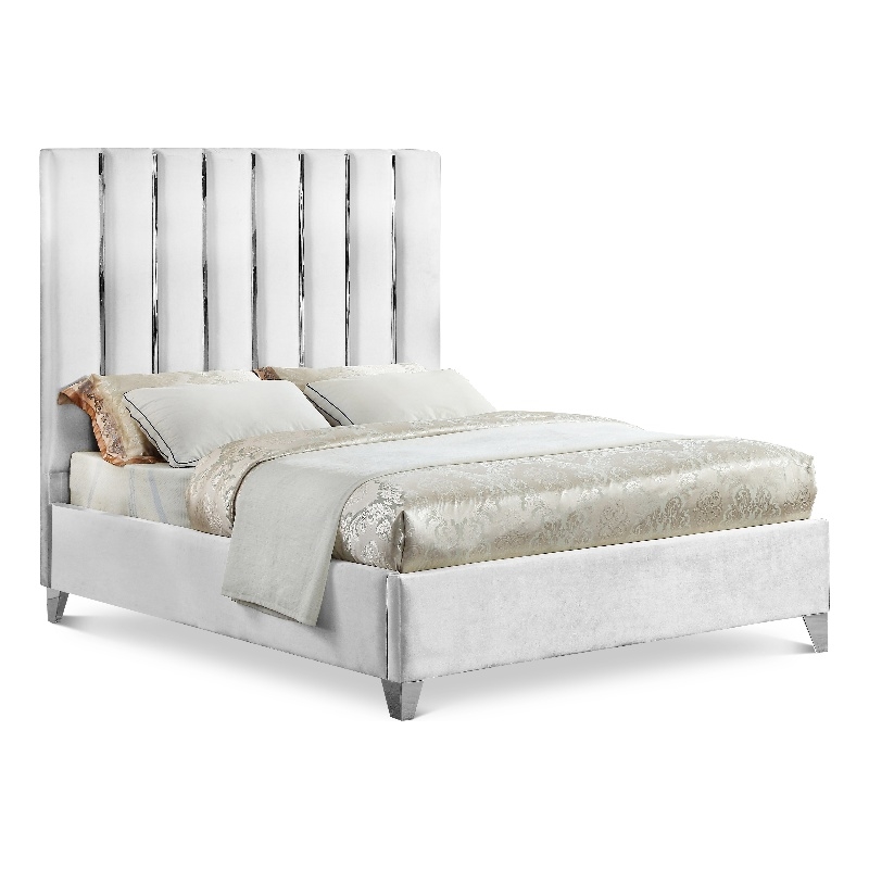 Meridian Furniture Enzo Solid Wood and Velvet Queen Bed in White