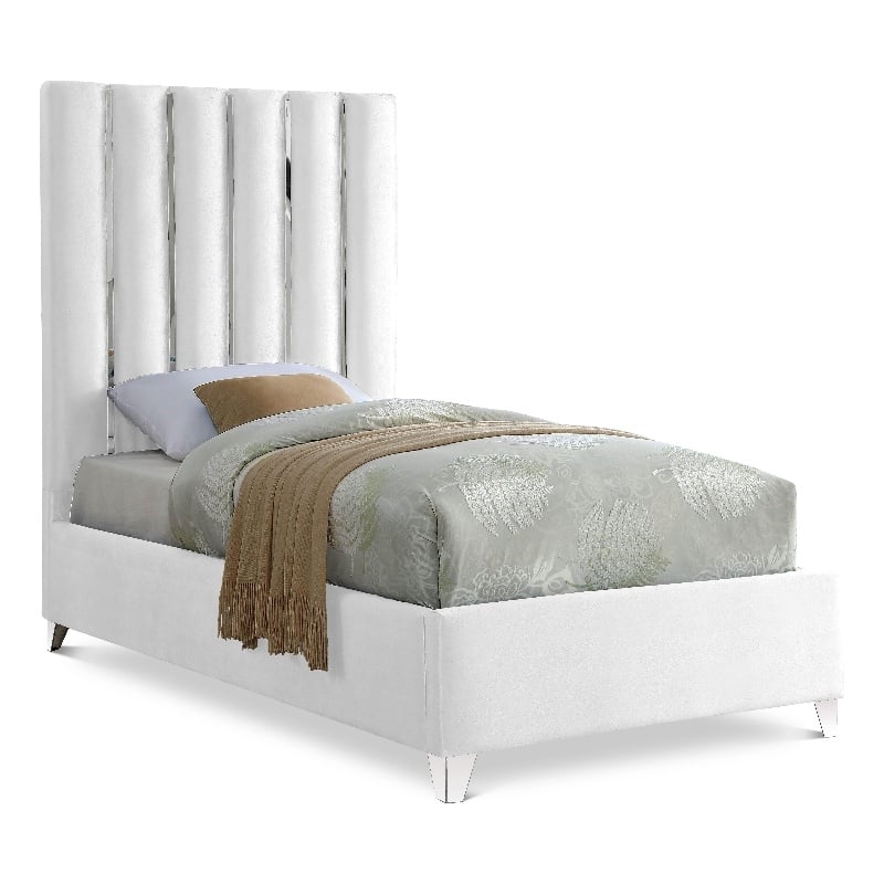 Meridian Furniture Enzo Solid Wood and Velvet Twin Bed in White