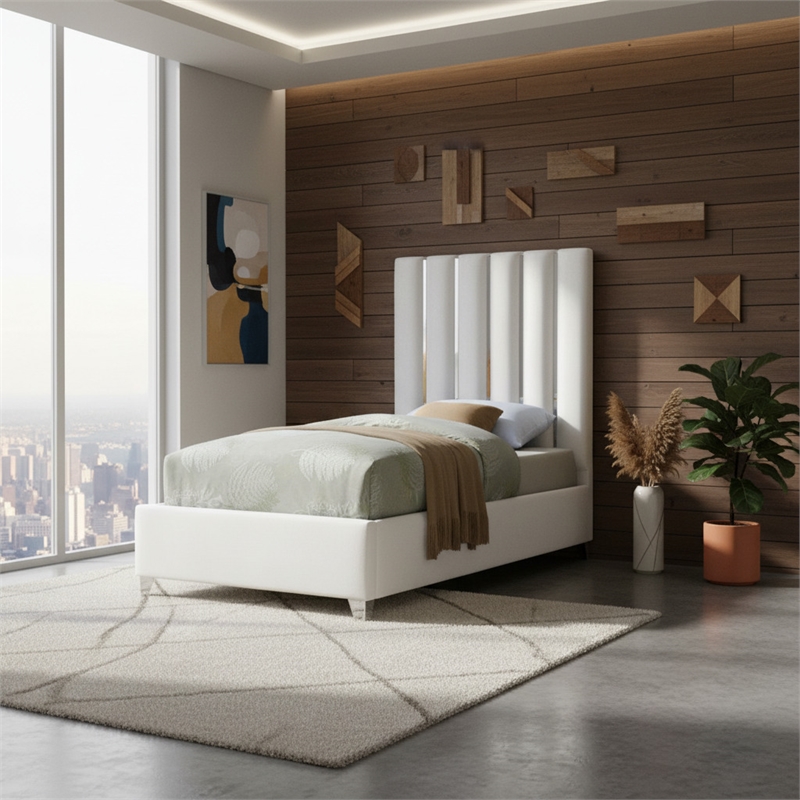 Meridian Furniture Enzo Solid Wood and Velvet Twin Bed in White