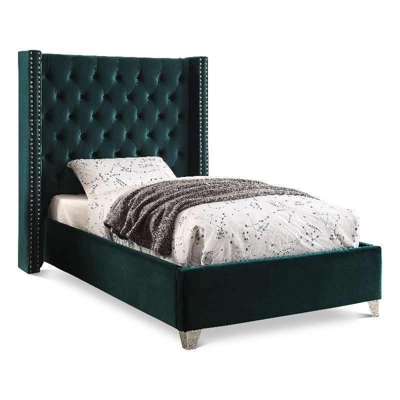 Meridian Furniture Aiden Solid Wood Tufted Velvet Wing Back Twin Bed in Green