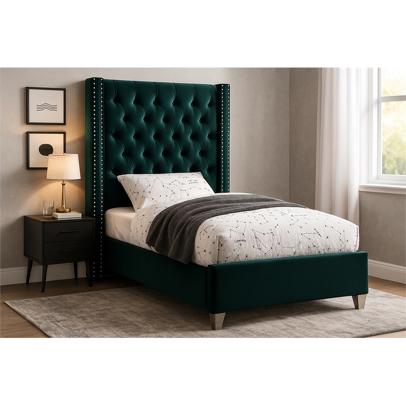 Meridian Furniture Aiden Solid Wood Tufted Velvet Wing Back Twin Bed in Green
