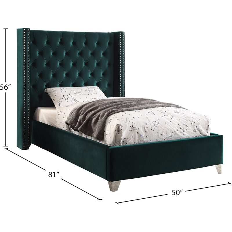 Meridian Furniture Aiden Solid Wood Tufted Velvet Wing Back Twin Bed in Green