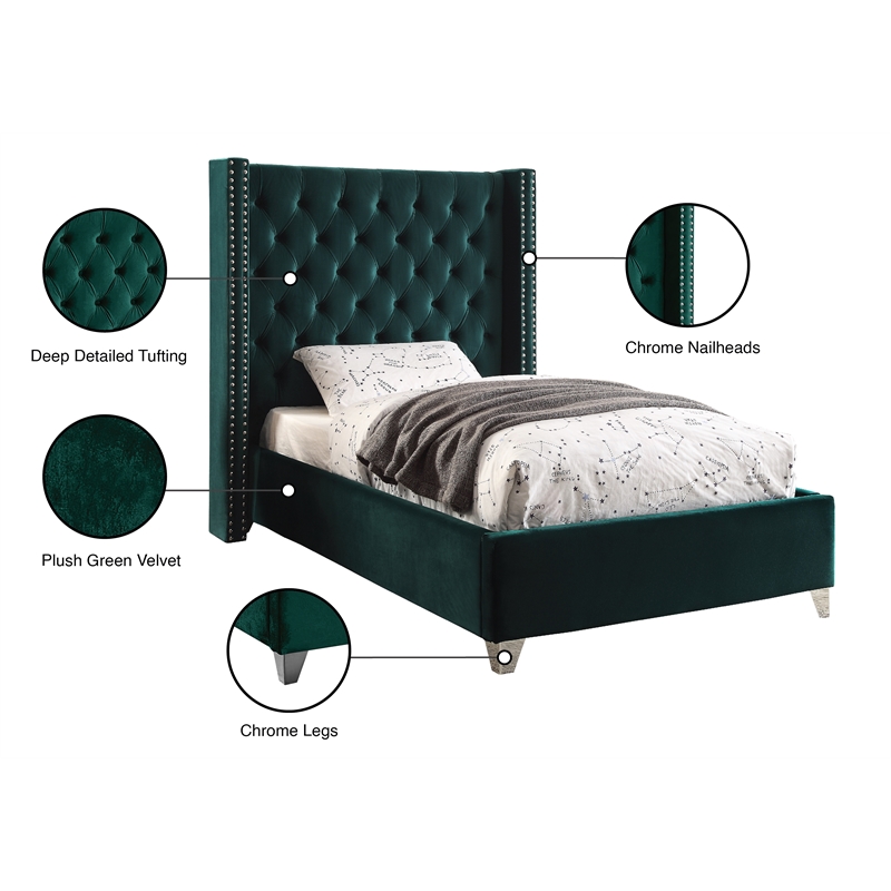 Meridian Furniture Aiden Solid Wood Tufted Velvet Wing Back Twin Bed in Green