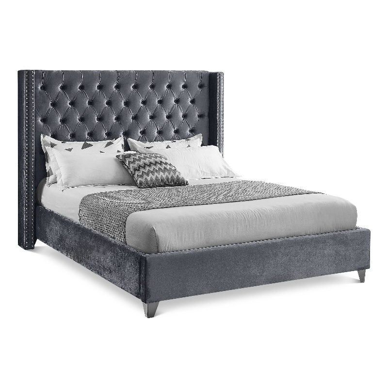 Meridian Furniture Aiden Solid Wood Tufted Velvet Wing Back Full Bed in Gray