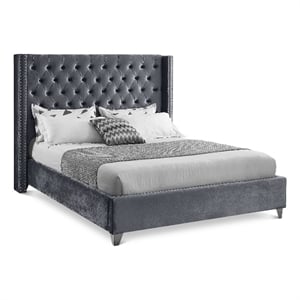 Meridian Furniture Aiden Solid Wood Tufted Velvet Wing Back Full Bed in Gray