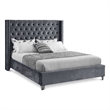 Meridian Furniture Aiden Solid Wood Tufted Velvet Wing Back Full Bed in Gray